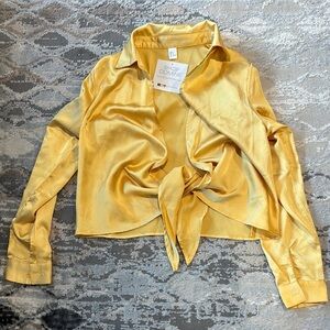 Shop Divine Yellow Satin Tie-Front Blouse